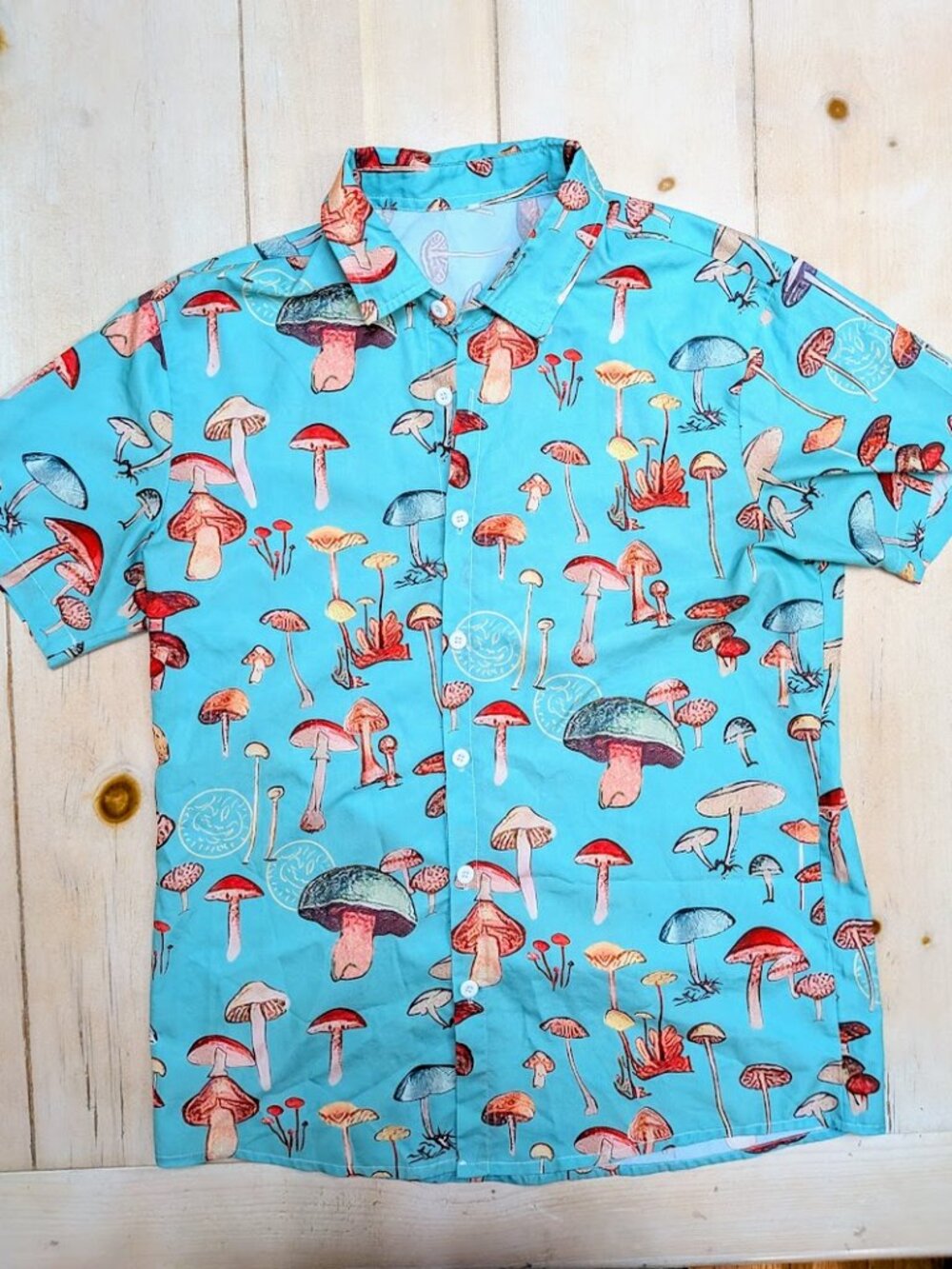 SHEIN Mushroom Print Button Down Shirt Blue Medium Cottagecore